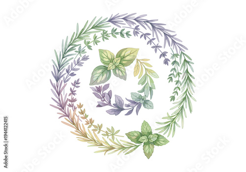 Watercolor illustration of a circular arrangement of fresh herbs like basil, rosemary, and thyme