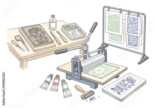 Linocut printing setup with tools, press, ink, and finished artwork displayed