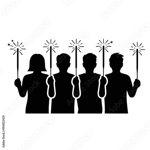 Four friends holding sparkler sticks in black silhouette on white background