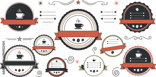 Vintage coffee shop badges and retro cafe label collection with ribbon banners and decorative elements for branding packaging vector illustration set