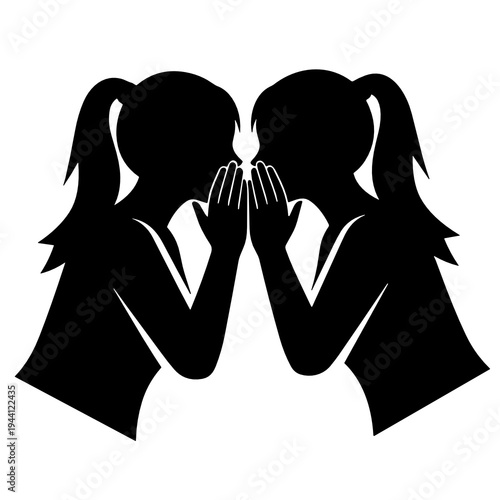 Two girls whispering secret together in silhouette on white background