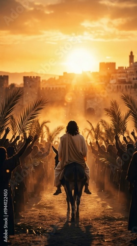 Jesus Christs Triumphal Entry into Jerusalem on Palm Sunday at Sunset.