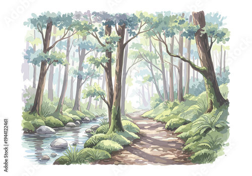 Serene forest path alongside a gentle stream with dappled sunlight filtering through the trees