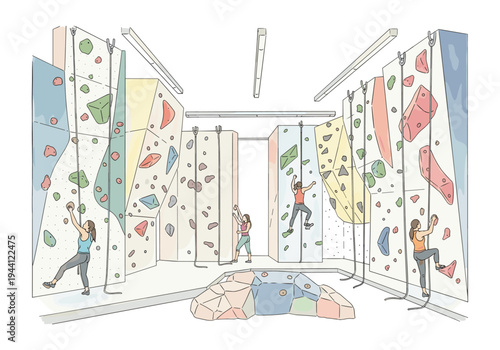 Diverse group of people enjoying indoor rock climbing activities in a modern gym setting