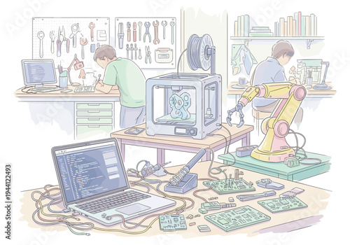 Modern workshop with 3D printer, robotic arm, and electronics projects in progress
