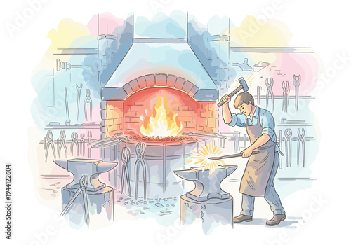 Blacksmith working at a forge, hammering glowing metal on an anvil in a workshop