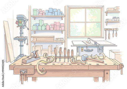 Cozy woodworking workshop with tools and materials organized on shelves and workbench