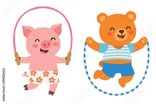 Cute Pig and Bear Playing Jump Rope, Happy Animal Cardio Exercise and Skipping Rope Activity Flat Vector Illustration