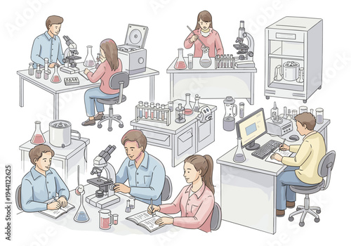 Diverse group of scientists conducting experiments and research in a modern laboratory setting