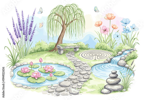 Tranquil Japanese garden with a pond, waterfall, and stone labyrinth for peaceful contemplation