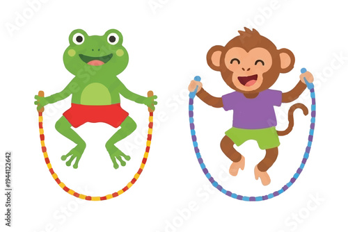 Cute Frog and Monkey Jumping Rope, Fun Animal Outdoor Activity and Physical Exercise Flat Vector Illustration