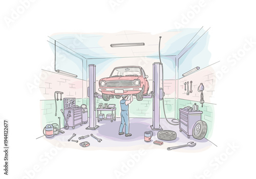 Mechanic working on a car lifted on a hydraulic platform in a colorful workshop