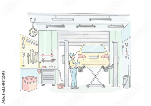 Car mechanic in uniform working on a yellow car lifted on a hydraulic platform in a garage