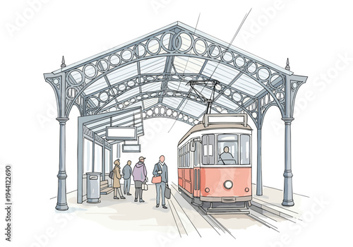 Vintage tram at a station with passengers waiting under a decorative glass and metal canopy