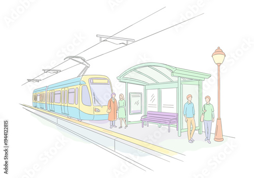 Modern tram arriving at a station with people waiting on the platform