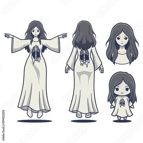 Set of Sundel Bolong, the terrifying Indonesian female ghost with a hole in her back, in various styles and poses.