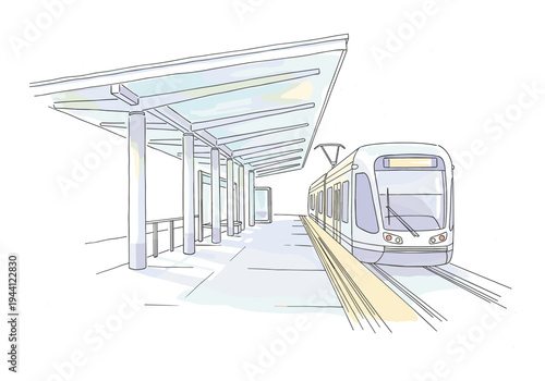 Modern tram arriving at a clean, minimalist station with a glass canopy and white pillars