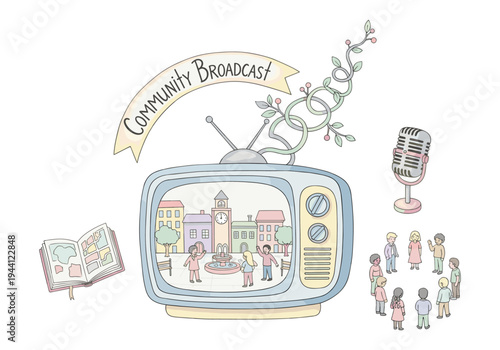 Community broadcast concept with vintage TV, microphone, and diverse people gathering