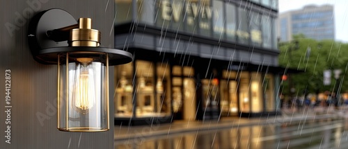 Rustic outdoor wall lamp shines warm light on rain-soaked streets in old European town at night