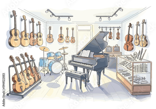 Diverse musical instruments displayed in a bright, airy retail store setting