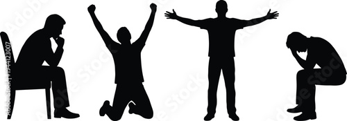 Human emotions silhouette collection showing thinking celebration confidence and stress poses, psychology body language concept set isolated, flat vector illustration