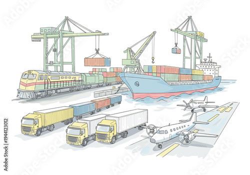 Diverse cargo transportation methods converge at a busy port with cranes, ships, trains, trucks, and planes