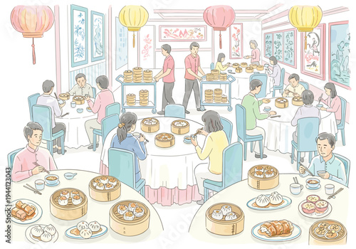 People enjoying traditional dim sum lunch in a bustling Chinese restaurant setting