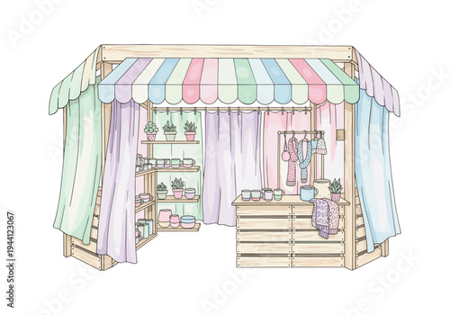 Charming handmade craft stall with colorful awning and display shelves filled with pottery and accessories
