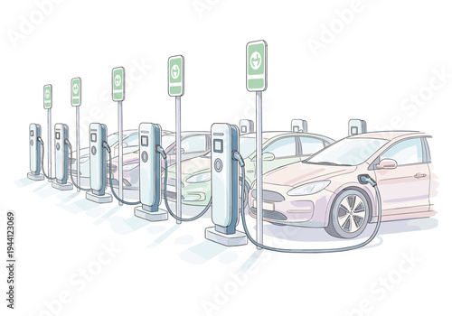 Electric vehicles lined up at charging stations, symbolizing sustainable transportation and future mobility