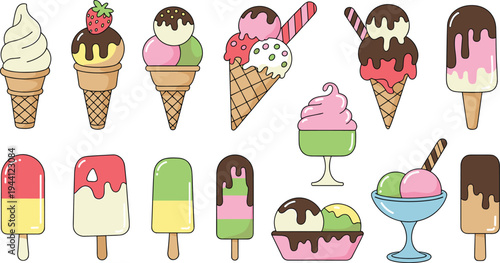 ice cream dessert collection set, colorful cones popsicles scoops sweet frozen treats summer food icons isolated, flat vector illustration