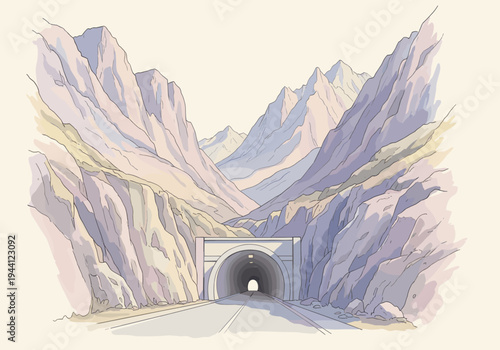 Scenic mountain road leads into a tunnel carved through majestic rocky peaks