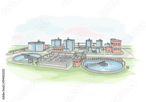 Illustration of a modern wastewater treatment plant with tanks and settling ponds