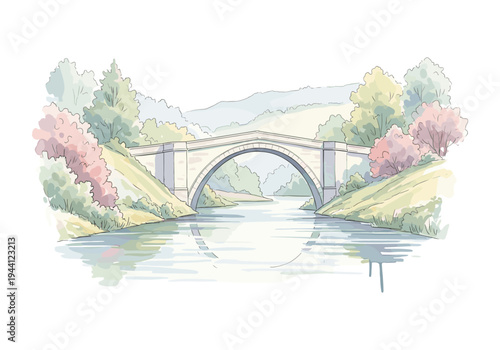Watercolor illustration of an arched stone bridge spanning a calm river surrounded by lush greenery and hills