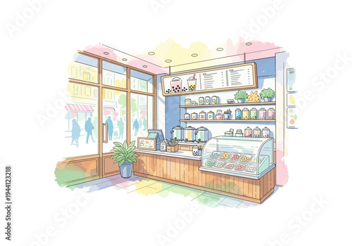 Cozy bubble tea shop interior with a display case and menu board