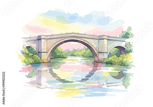 Watercolor illustration of an arched stone bridge over a calm river with colorful reflections
