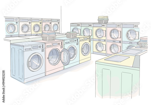 Row of colorful washing machines and dryers in a clean, modern laundromat setting