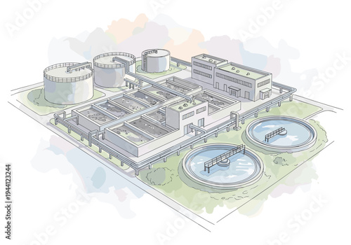 Illustration of a modern wastewater treatment plant with tanks and settling ponds