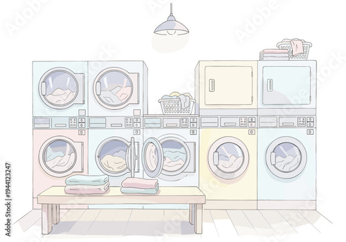 Row of stacked washing machines and dryers in a clean, bright laundromat setting