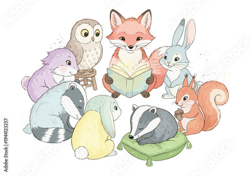 Charming woodland creatures gather to listen to a story read by a friendly fox