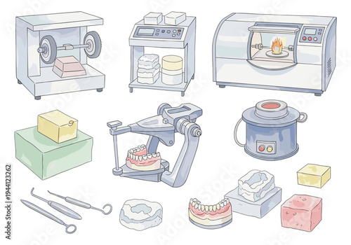 Collection of dental laboratory equipment and materials for prosthetics and restorations