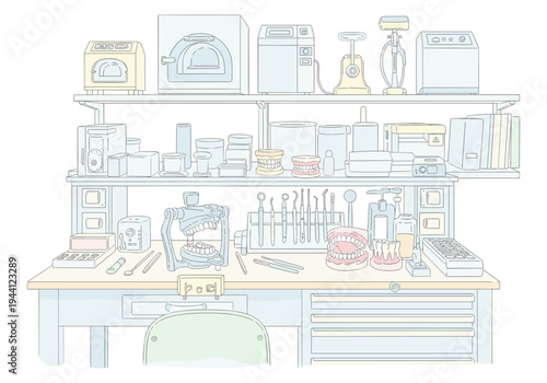 Dental laboratory equipment and tools arranged on shelves and a workbench