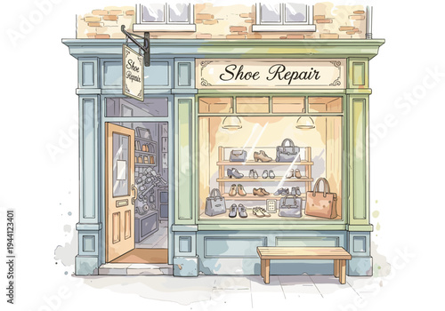 Charming shoe repair shop facade with an open door and display window