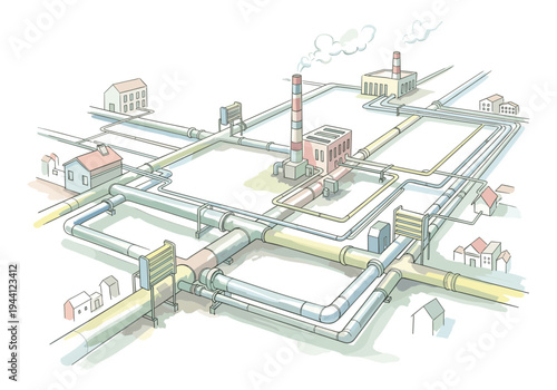 Complex industrial pipeline network connecting factories and residential areas with steam and water