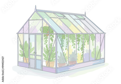 Charming illustration of a glass greenhouse filled with lush green plants and hanging vines