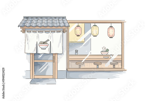 Cozy Japanese ramen shop exterior with noren curtain and counter seating