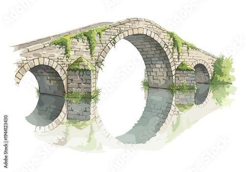 Ancient stone bridge with arches covered in green ivy and reflected in calm water