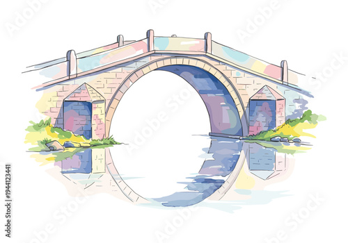 Watercolor sketch of an old stone arch bridge reflected in calm water on a bright day