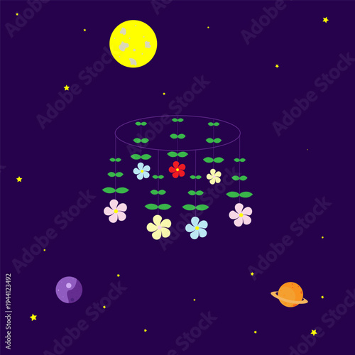 A mobile for a newborn s crib or a dream catcher with colorful flowers and green leaves.