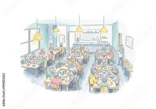 Diverse group of people enjoying board games together in a bright, modern cafe setting