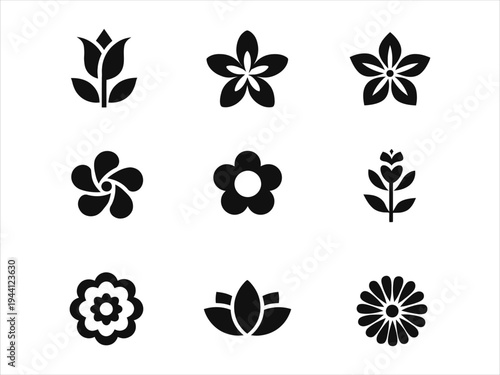 Set of various stylized flower and botanical icons, simple graphic elements